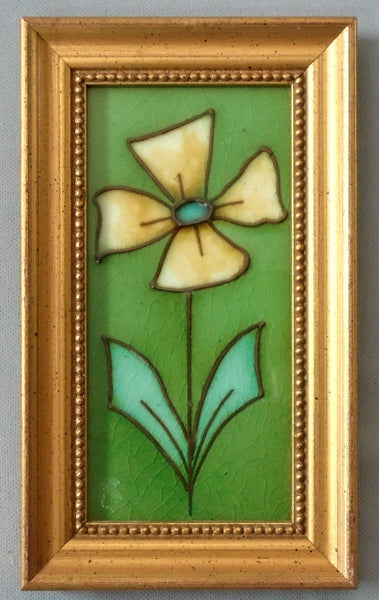 English Art Nouveau Tile Tubelined Yellow Flower Framed Bungalow Bill Antique