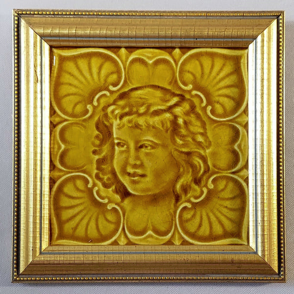 Antique Portrait Tile of a Young Girl, Framed Bungalow Bill