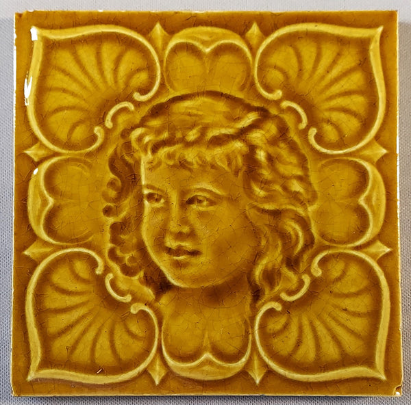 Antique Portrait Tile of a Young Girl, Framed Bungalow Bill