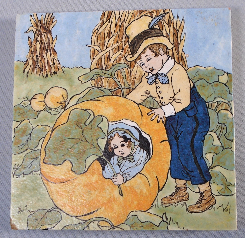 Vintage Hand Painted Tile Children in a Pumpkin Patch with Corn Stalks Penny Marshall Bungalow Bill Antique