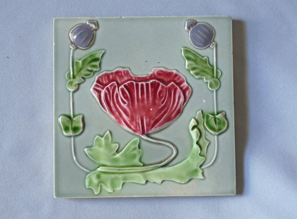 Vintage German Art Nouveau Tile of a Red Poppy