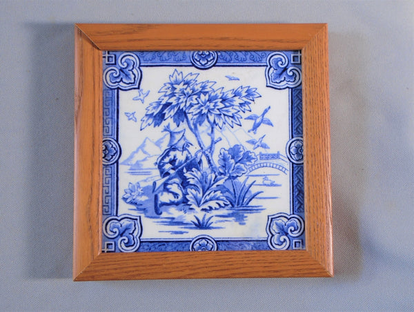 Minton Blue and White English Chinoiserie Transferware Tile Framed Duck Hunting Bungalow Bill Antique