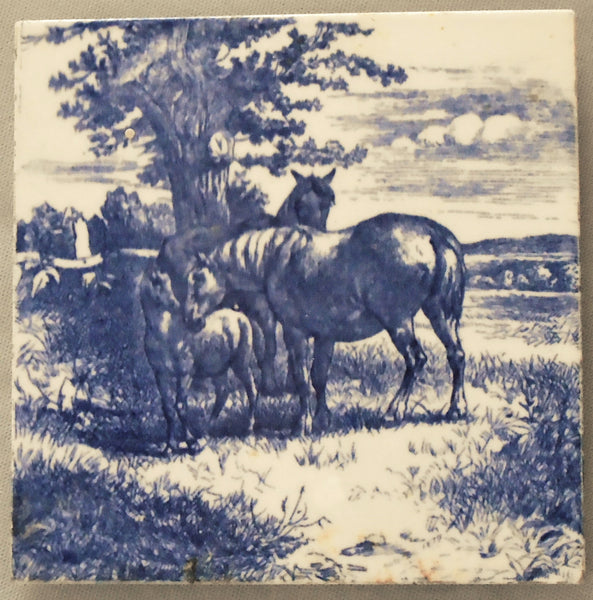 Minton Tile Trivet Animals of the Farm Series, Horses in Blue and White Bungalow Bill Antique