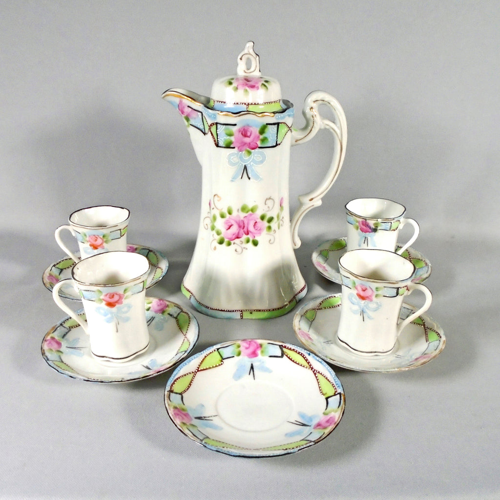 Antique Nippon Chocolate Pot Set with 4 Cups and Saucers Pink Floral –  Zsinta