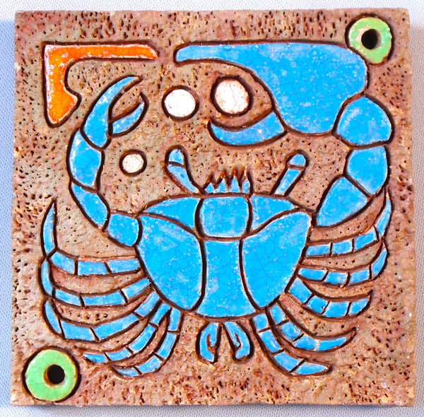 American Arts and Crafts Tile of a Blue Crab Gathering Pearls Bungalow Bill Antiques